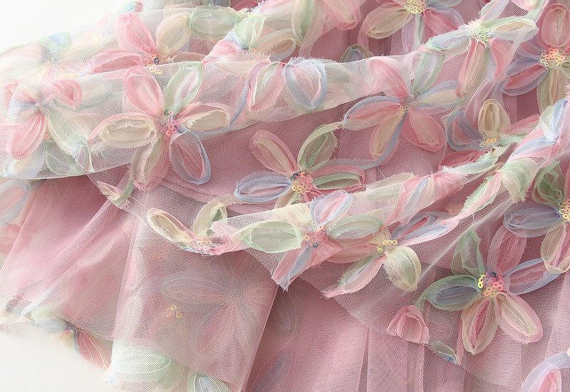 Pink Pastel Floral Embroidered Mesh Maxi Skirt