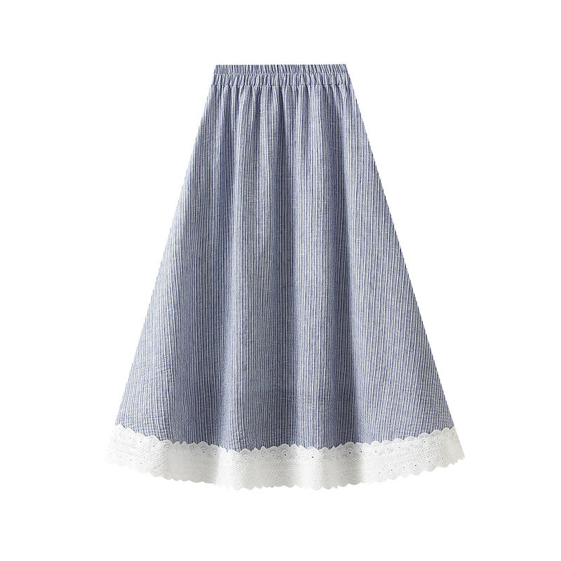 Blue Striped Midi Skirt with Lace Hem With Pocket