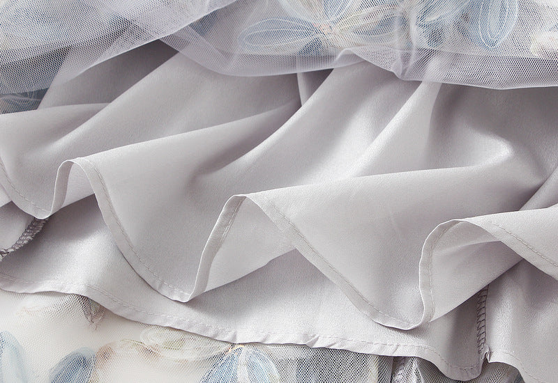 Blue Floral Embroidered Mesh Maxi Skirt