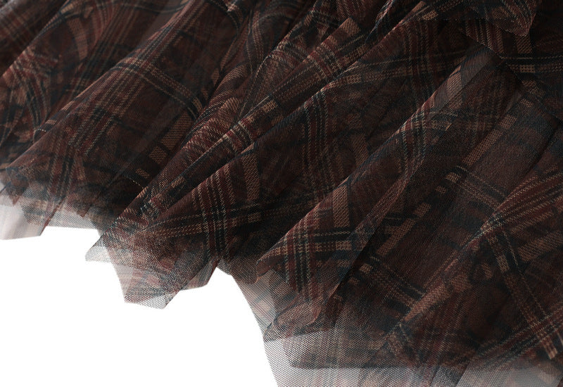Brown Plaid Layered Tulle Skirt