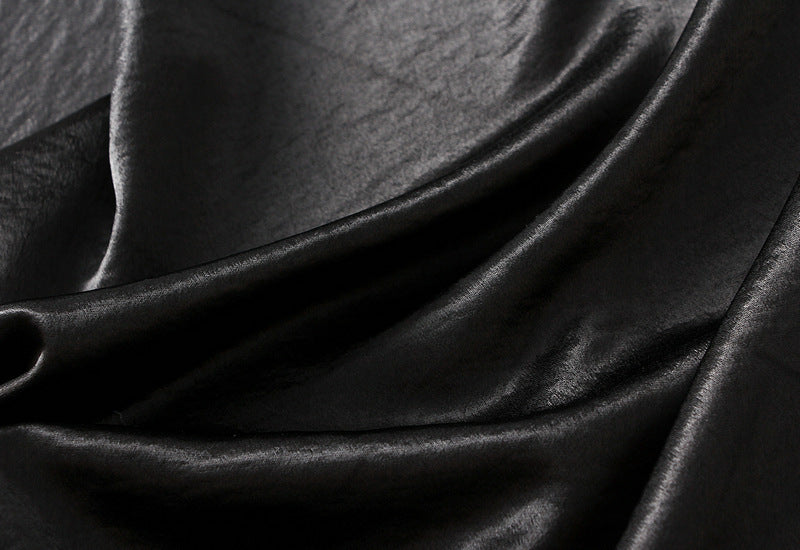 Elegant Black Satin Lace Trim Midi Skirt