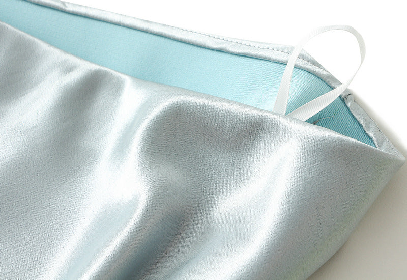 Elegant Blue Satin Lace Trim Midi Skirt