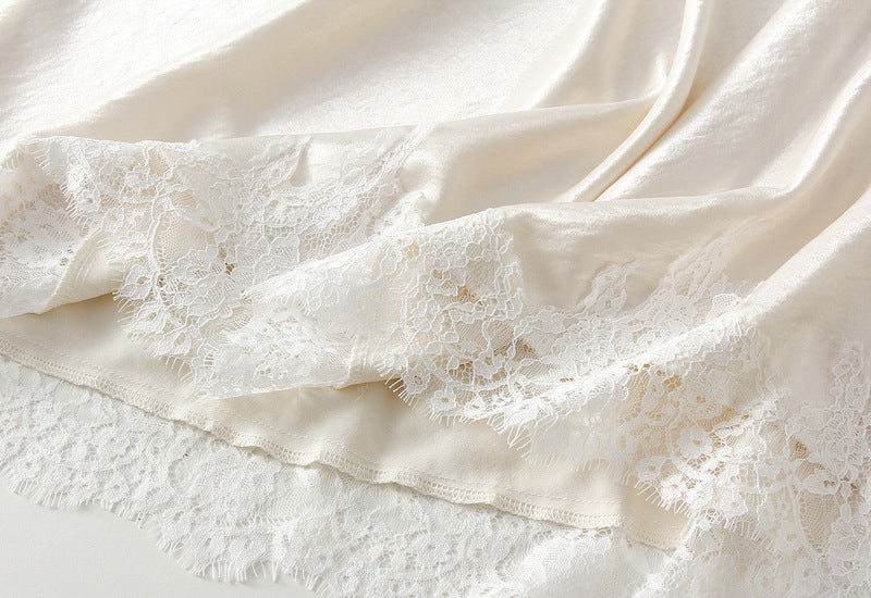 Elegant Satin Lace Trim Midi Skirt