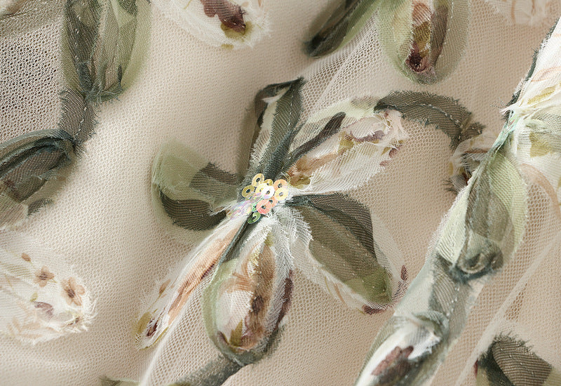 Green Floral Embroidered Mesh Maxi Skirt