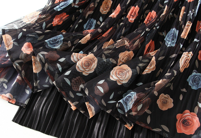 Reversible Midnight Garden Pleated Mesh Skirt - 8331_BLACK