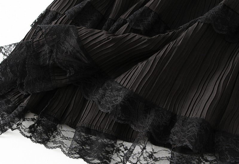 Noir Lace Tiered Pleated Skirt - 9106_BLACK