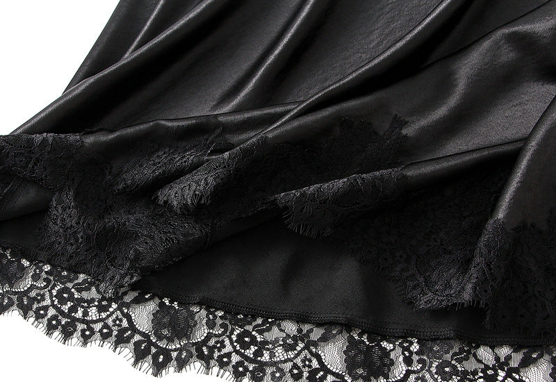 Black Satin Lace Trim Midi Skirt