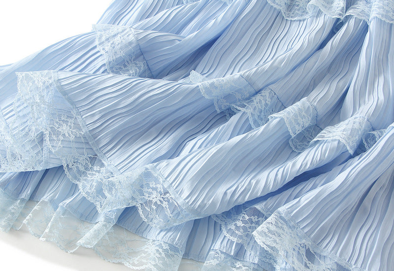 Sky Lace Tiered Pleated Skirt - 9106_BLUE