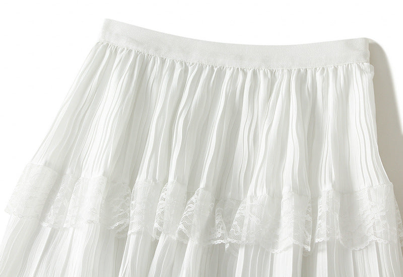 Snowfall Lace Tiered Pleated Skirt - 9106_WHITE