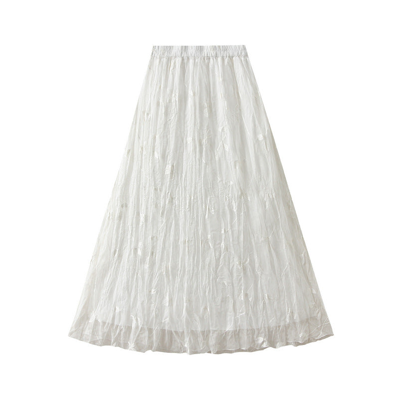 Crushed Embroidered Fabric Skirt - 2571_WHITE