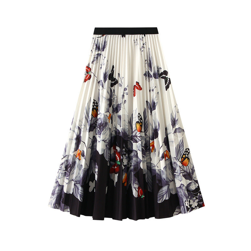 Butterfly Print Pleated Midi Skirt