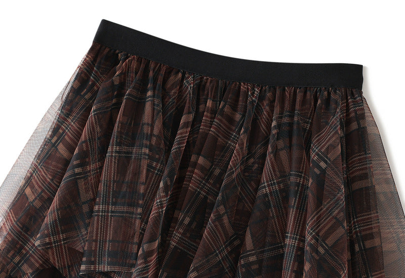 Brown Plaid Layered Tulle Skirt