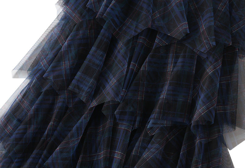 Navy Plaid Layered Tulle Skirt