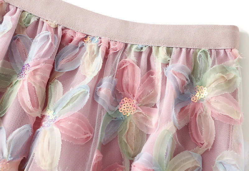 Pink Pastel Floral Embroidered Mesh Maxi Skirt