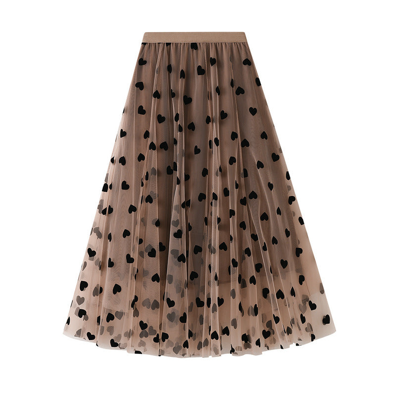 Multilayer Mesh Heart Skirt With Satin Lining - 1200_KHAKI