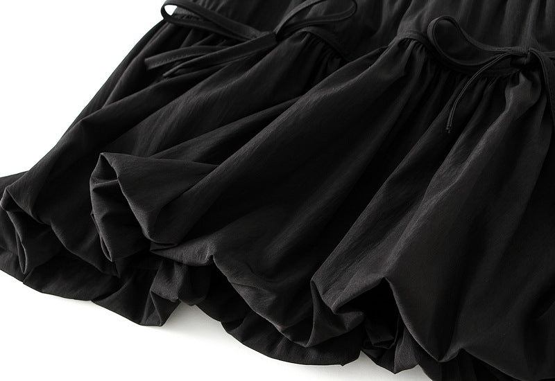 Black Puff Mini Skirt with Bow Details