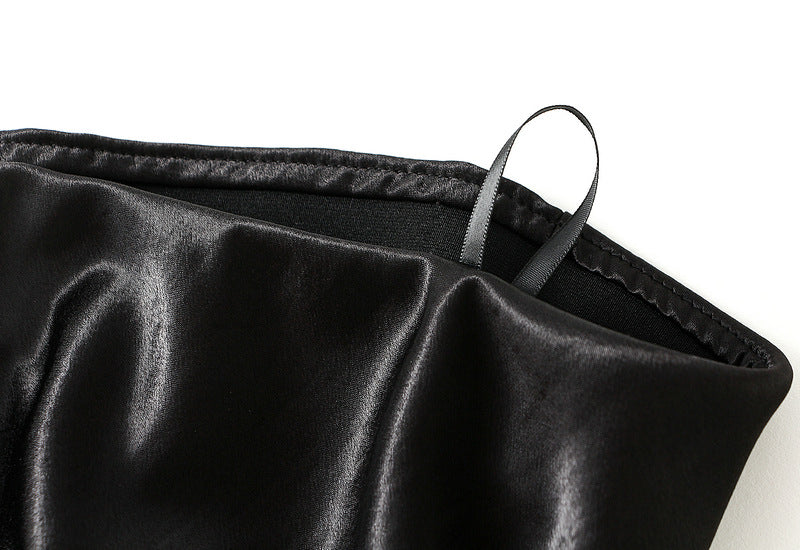 Black Satin Lace Trim Midi Skirt