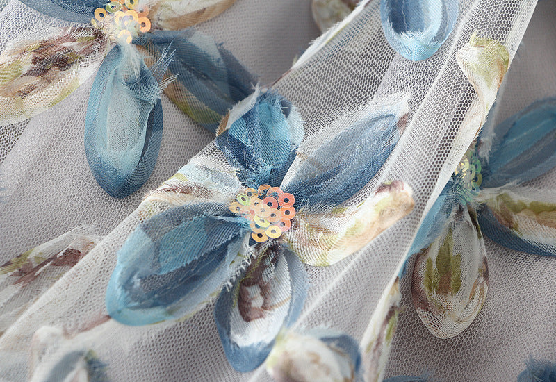 Blue Floral Embroidered Mesh Maxi Skirt