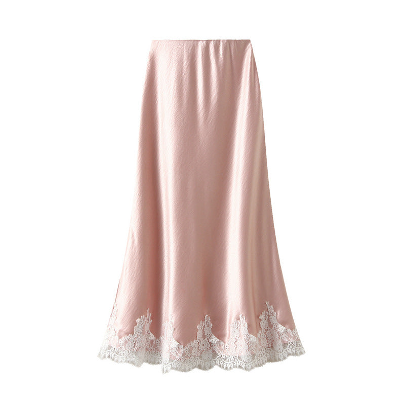 Elegant Pink Satin Lace Trim Midi Skirt
