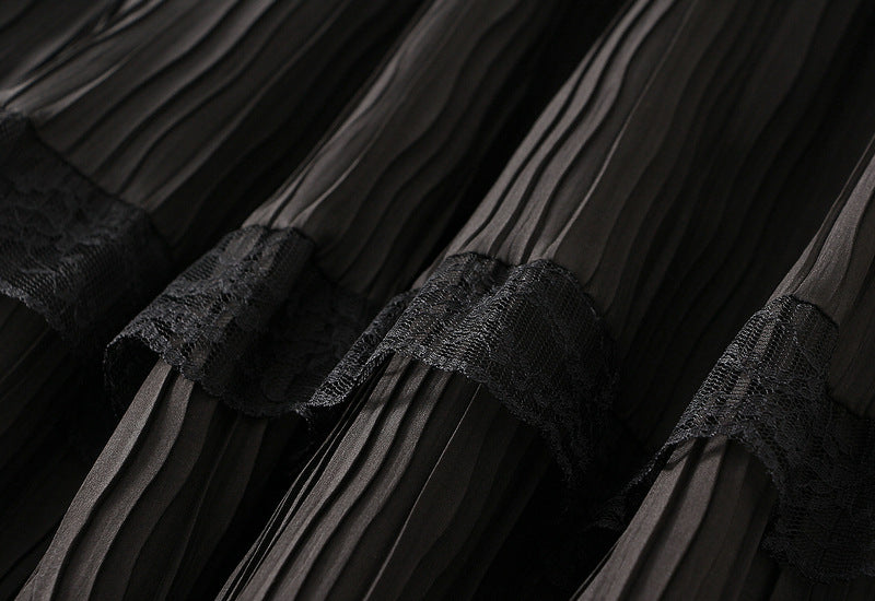 Noir Lace Tiered Pleated Skirt - 9106_BLACK