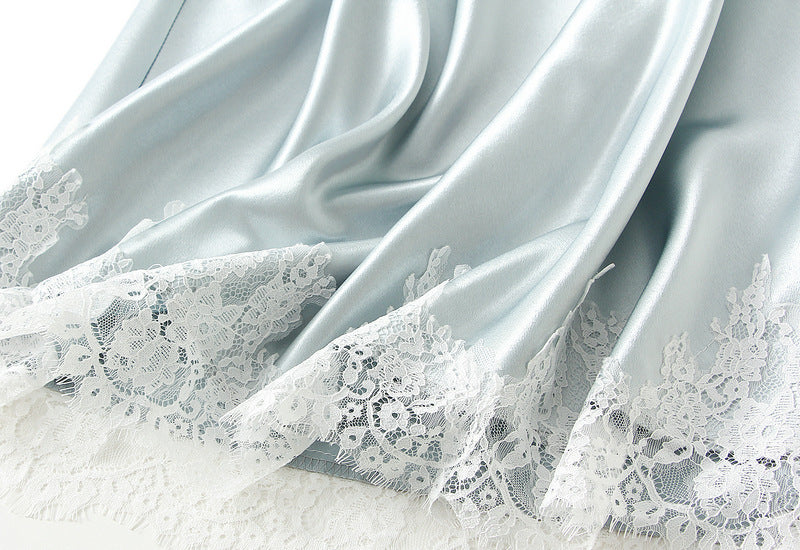 Elegant Blue Satin Lace Trim Midi Skirt