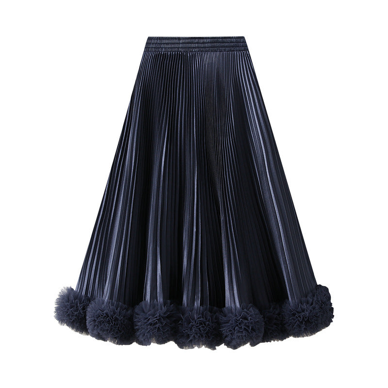 Royal Blue Pleated Tulle Hem Velvet Skirt