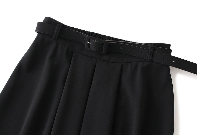 Black Pleated A-Line Midi Skirt with Belt