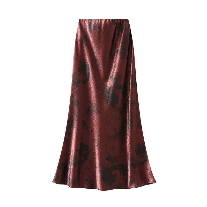 Burgundy Satin Print Midi Skirt