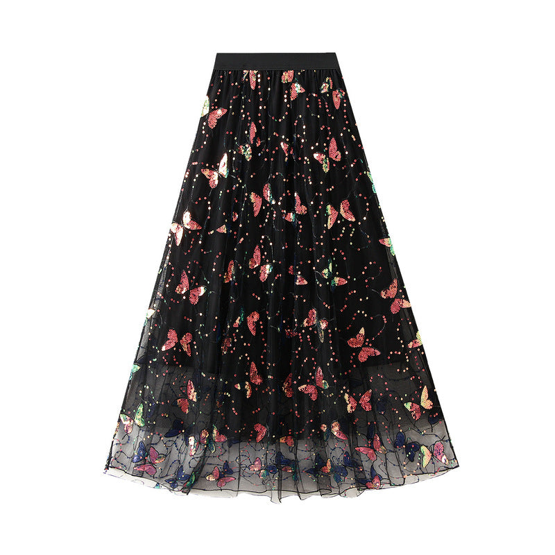 Black Butterfly Embroidered Tulle Maxi Skirt