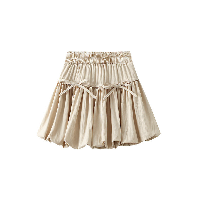 Beige Puff Mini Skirt with Bow Details