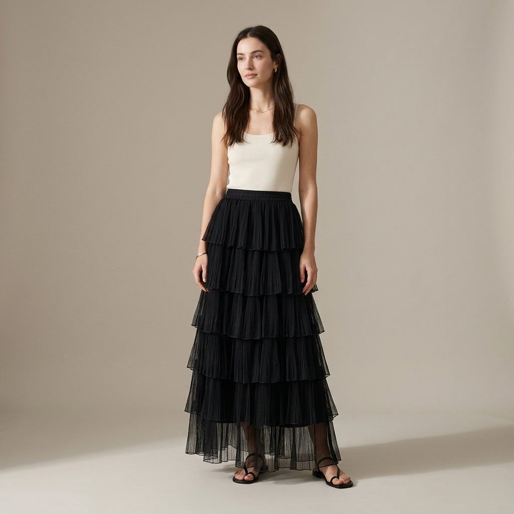 Florentine Pleated Tulle Skirt - BLACK