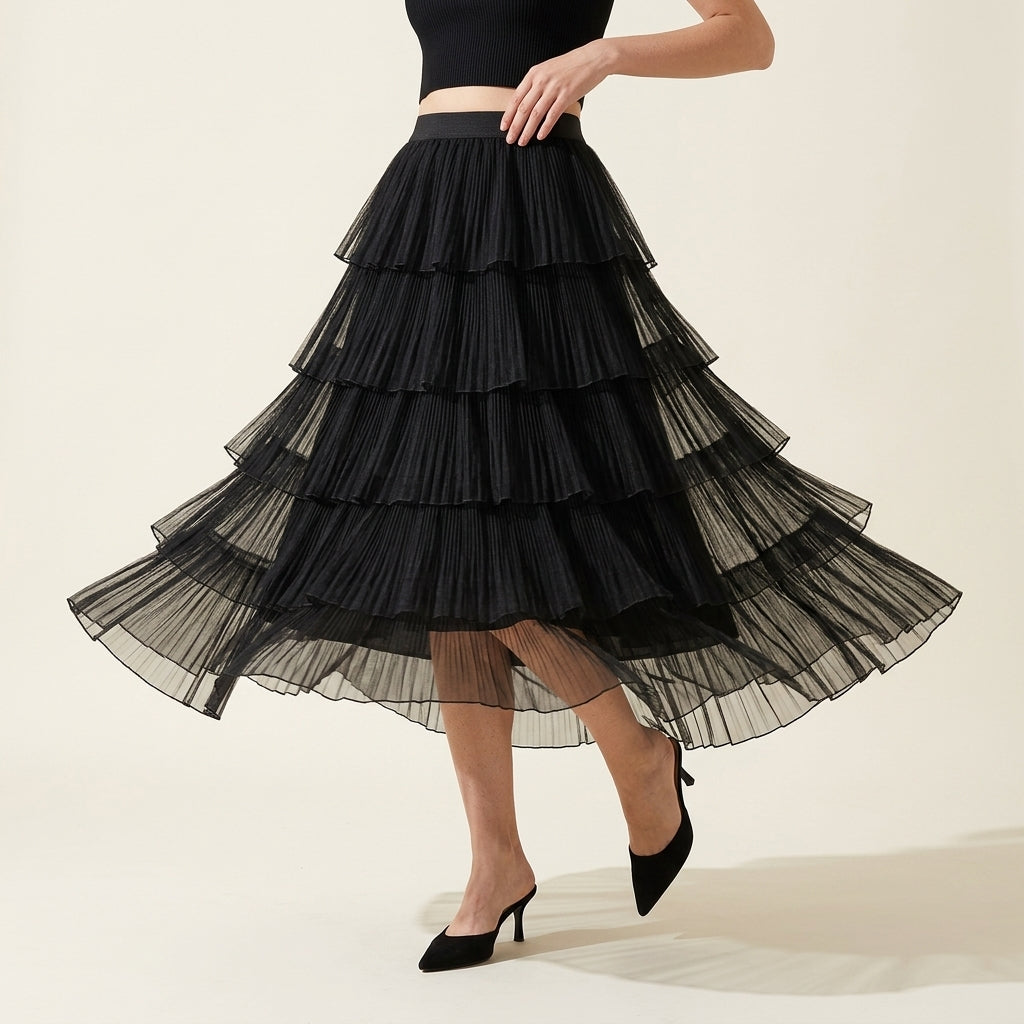 Florentine Pleated Tulle Skirt - BLACK