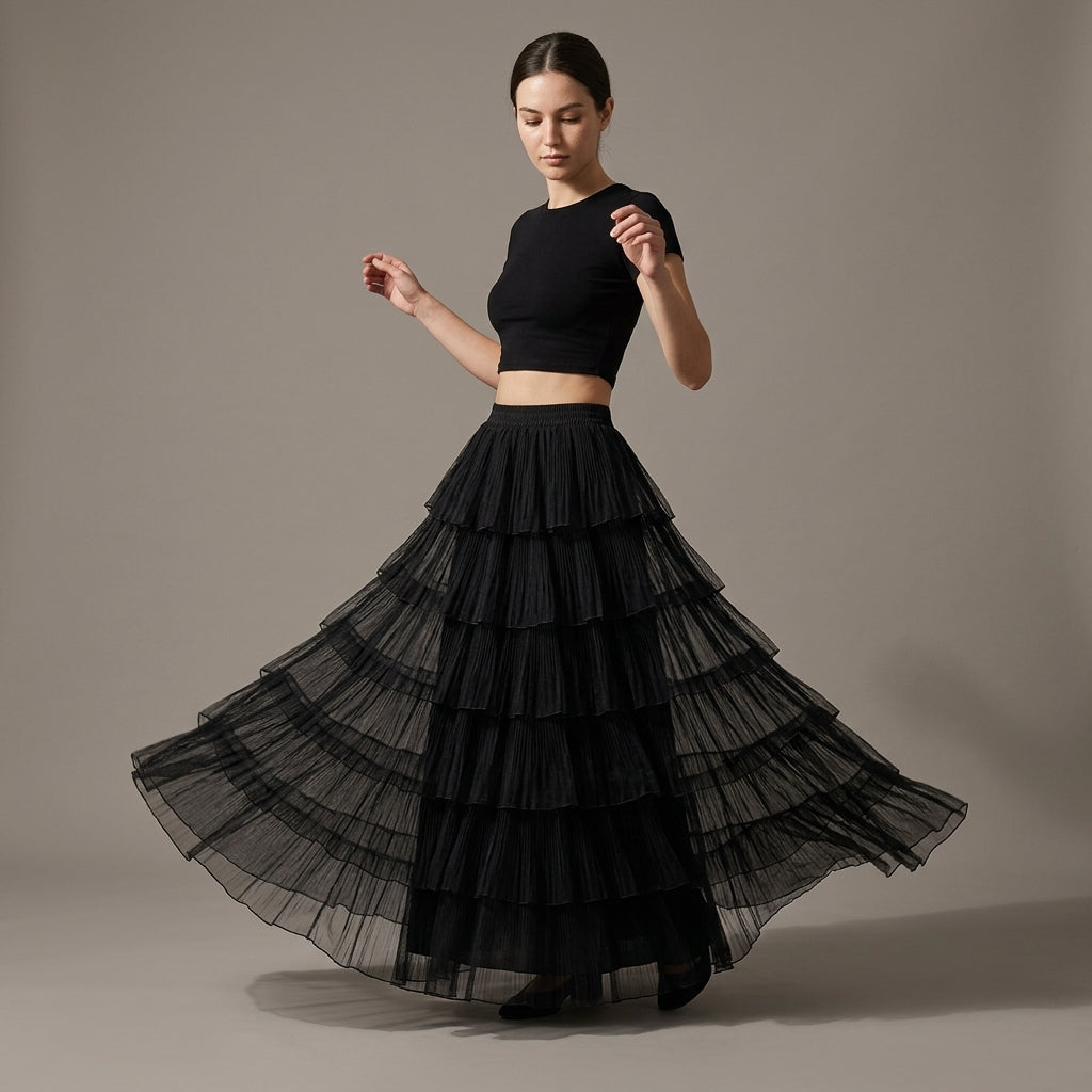 Florentine Pleated Tulle Skirt - BLACK