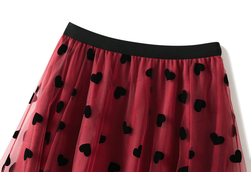 Multilayer Mesh Heart Skirt With Satin Lining - 1200_RED