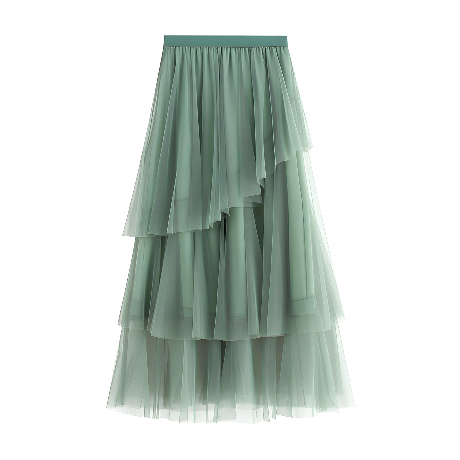Multitier Irregular Mesh Green Skirt - 8621_GREEN