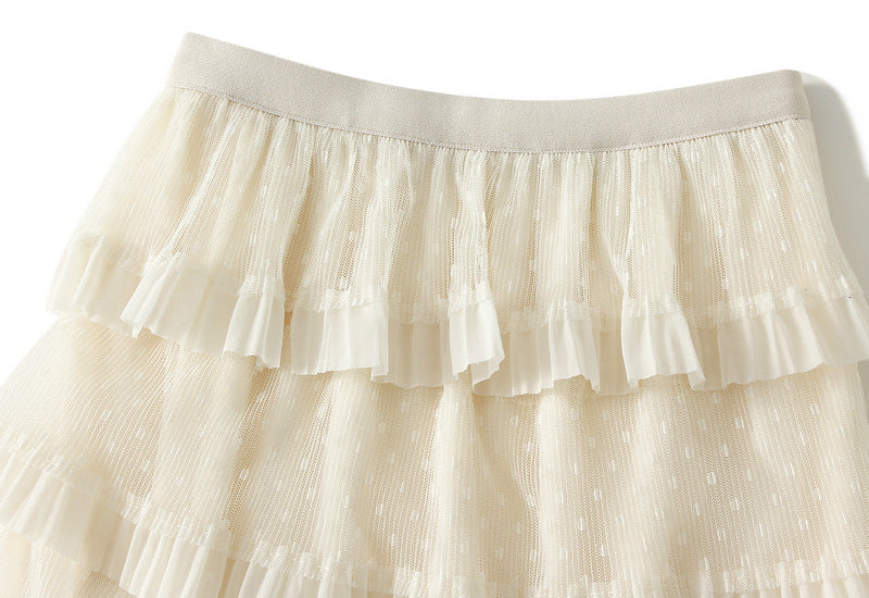 Vintage Charm Polka Dot Tiered Mesh Skirt - D808_APRICOT