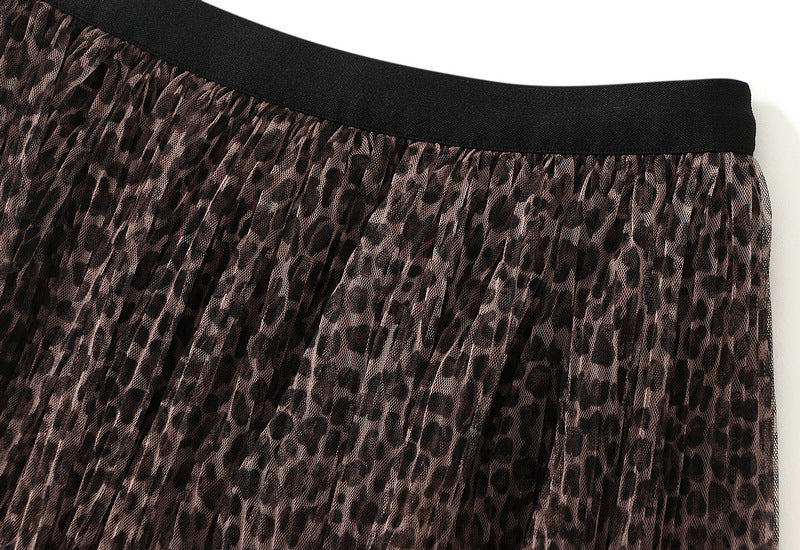 Leopard Print Multitier Mesh A-Line Brown Skirt - 5029_BROWN