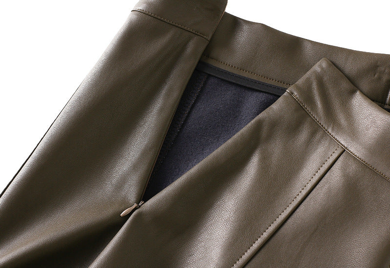 A-Line PU Leather Brown Umbrella Skirt - Q801_KHAKI