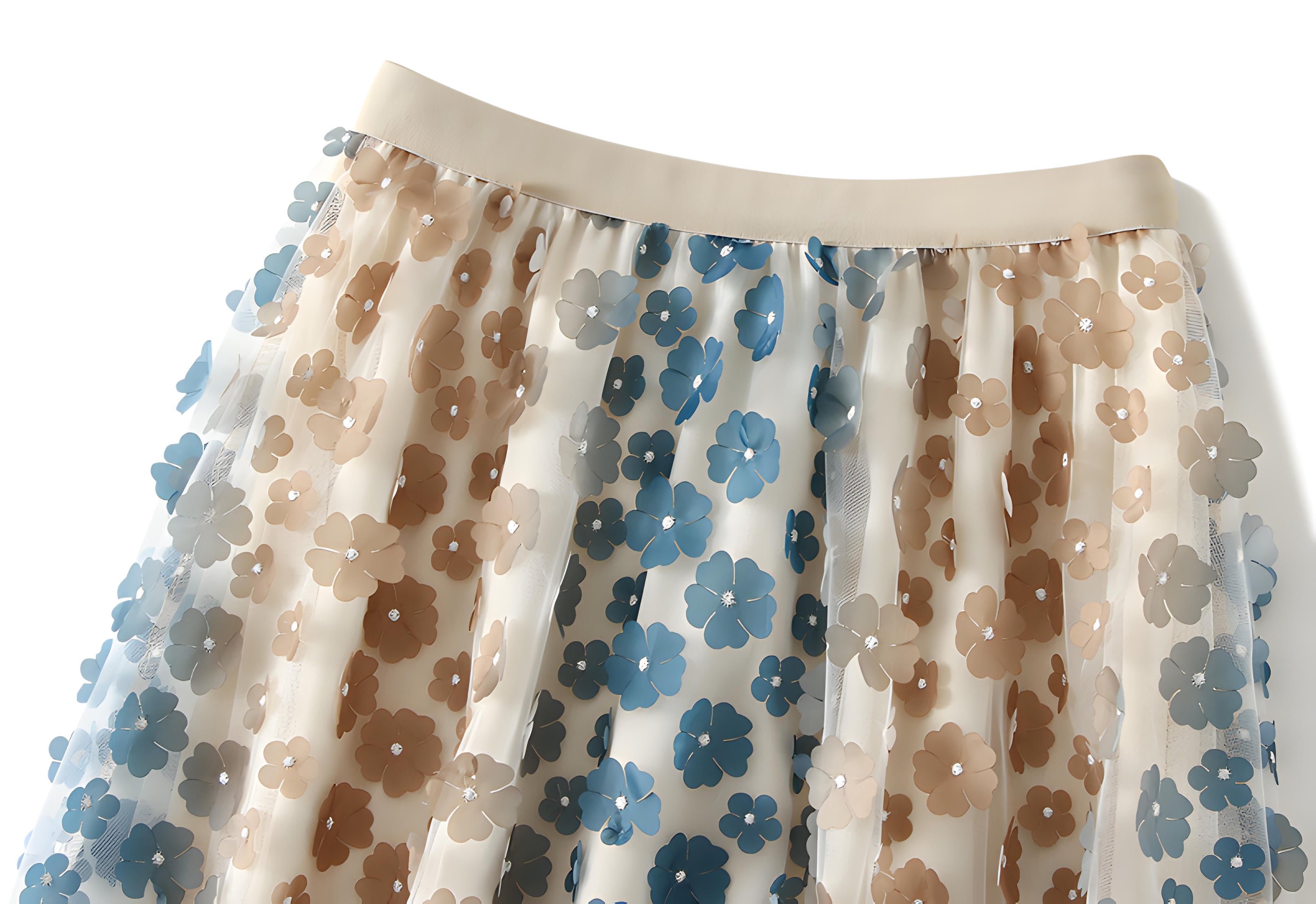 Multilayer Mesh Flower Skirt With Satin Lining - 1855_BLUE