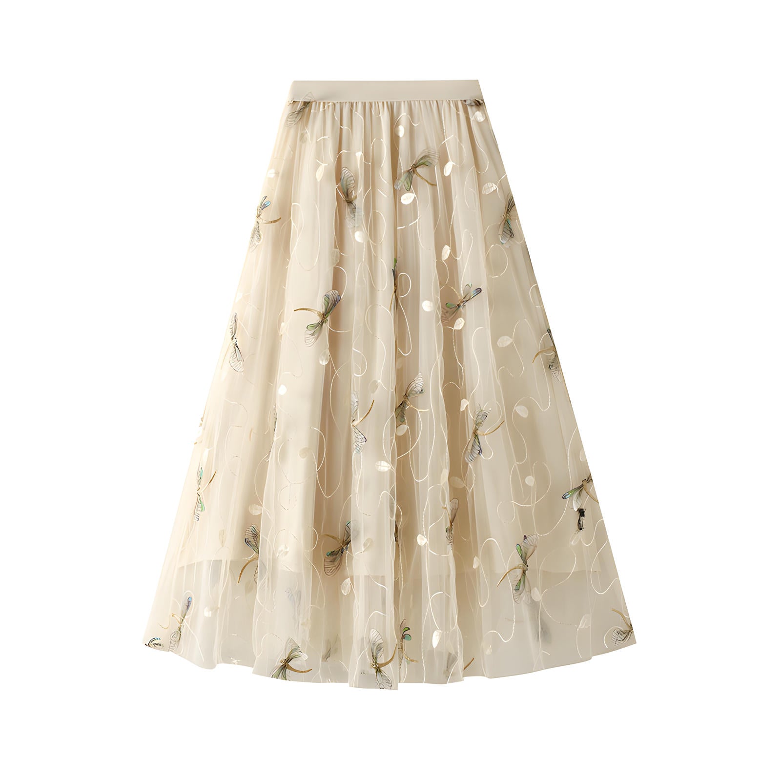 Dragonfly Embellished Floral Embroidery Apricot Skirt - 1810_APR