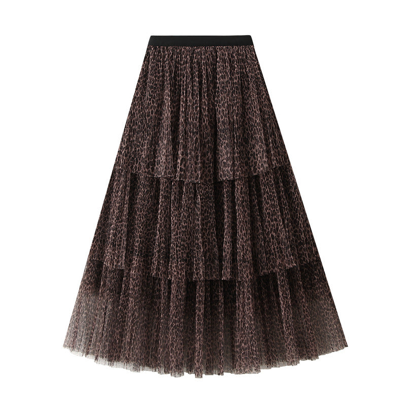 Leopard Print Multitier Mesh A-Line Brown Skirt - 5029_BROWN