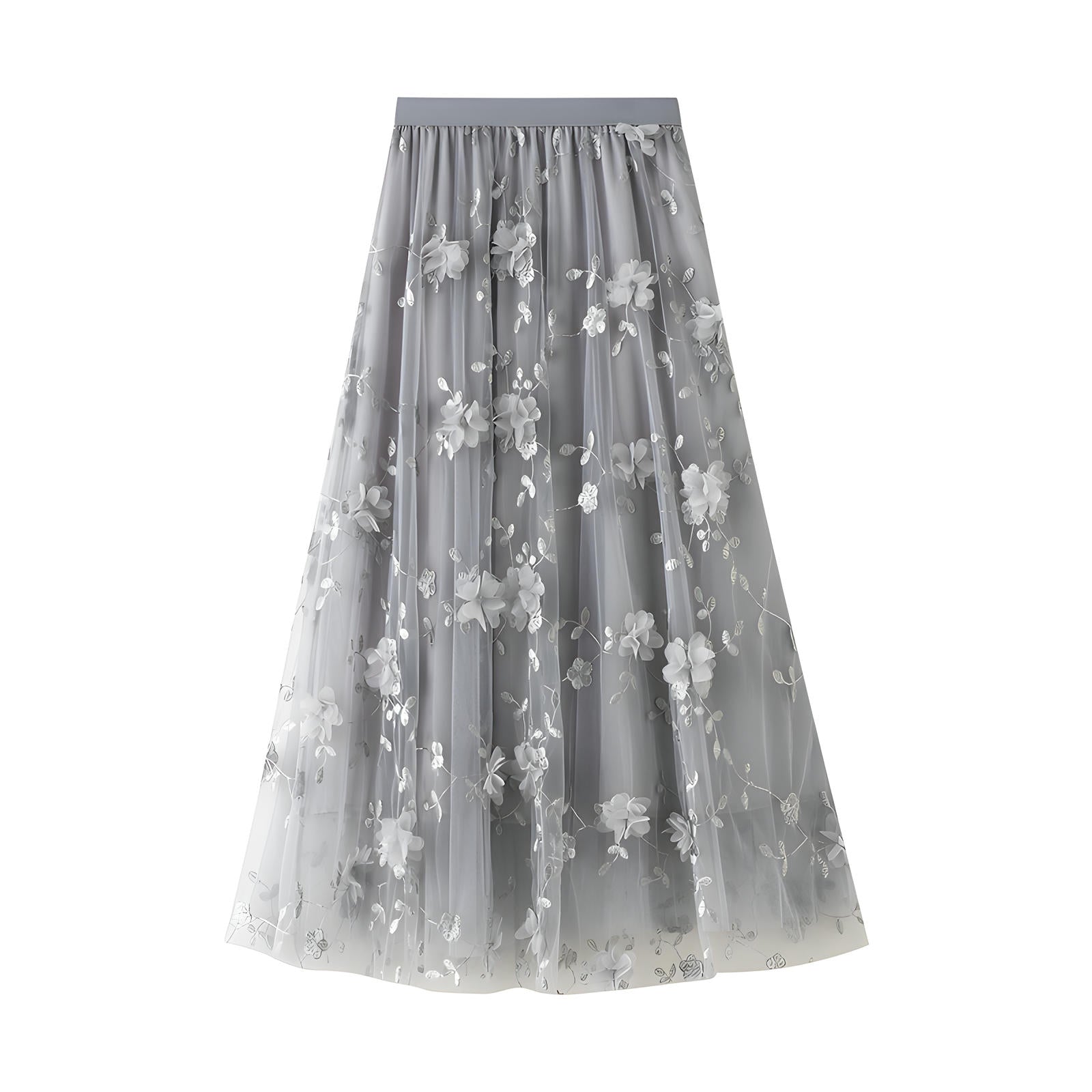 Flower Embellished and Embroidered Mesh A-Line Skirt With Satin Lining - 8692_GREY