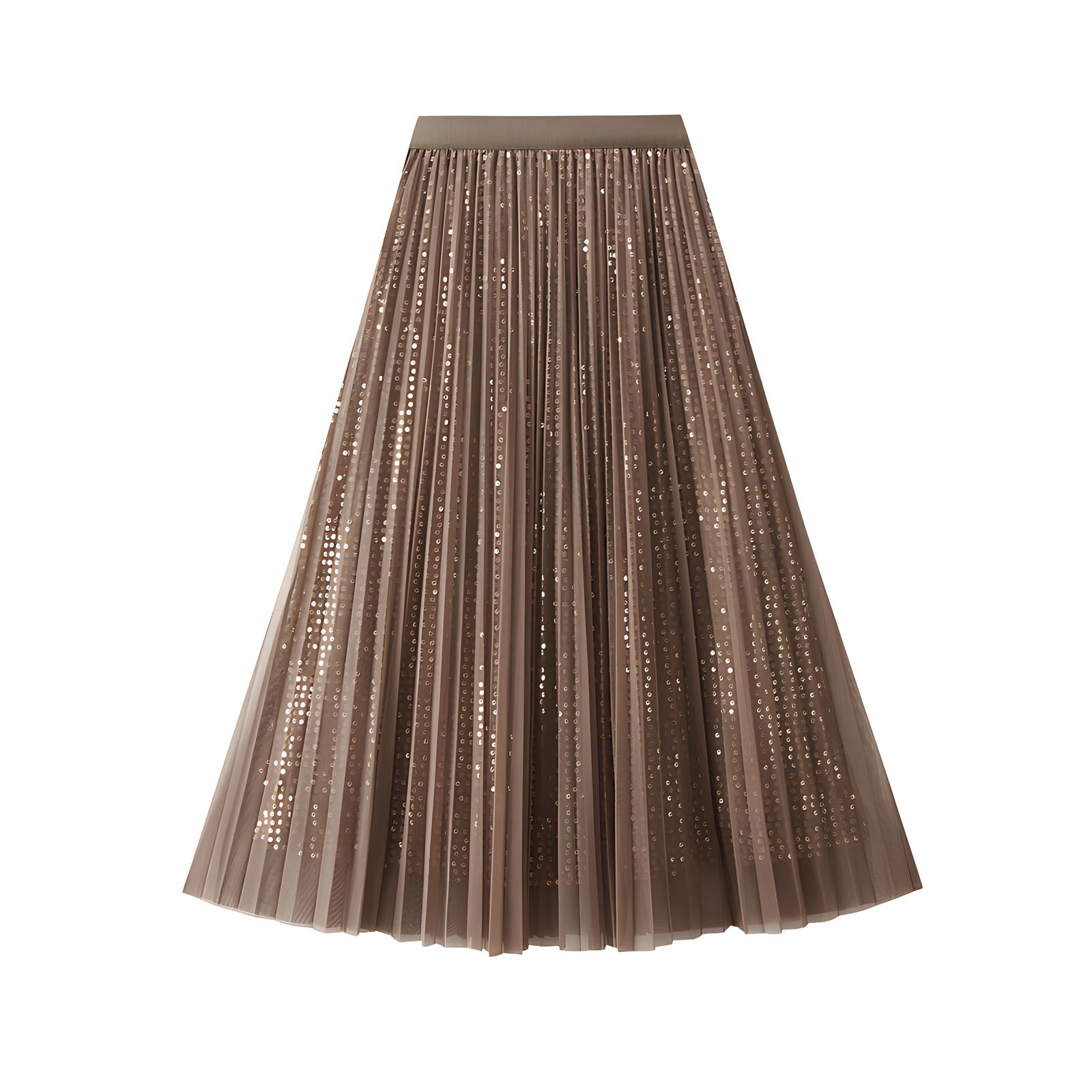 Multilayer Mesh and Sequinned A-Line Skirt with Satin Lining - K503_KHAKI
