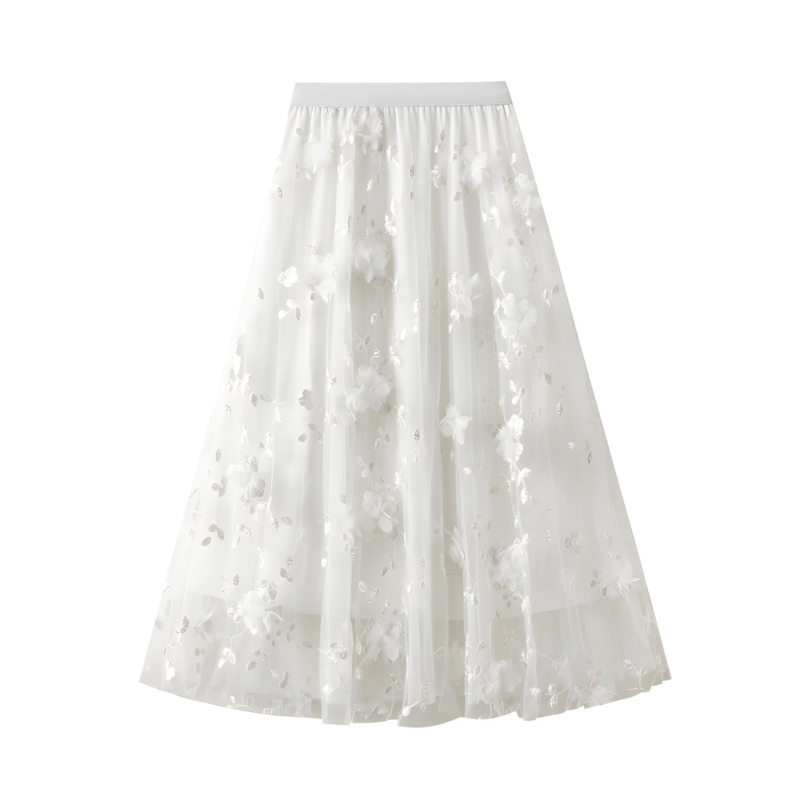 Flower Embellished and Embroidered Mesh A-Line Skirt With Satin Lining - 8692_WHITE