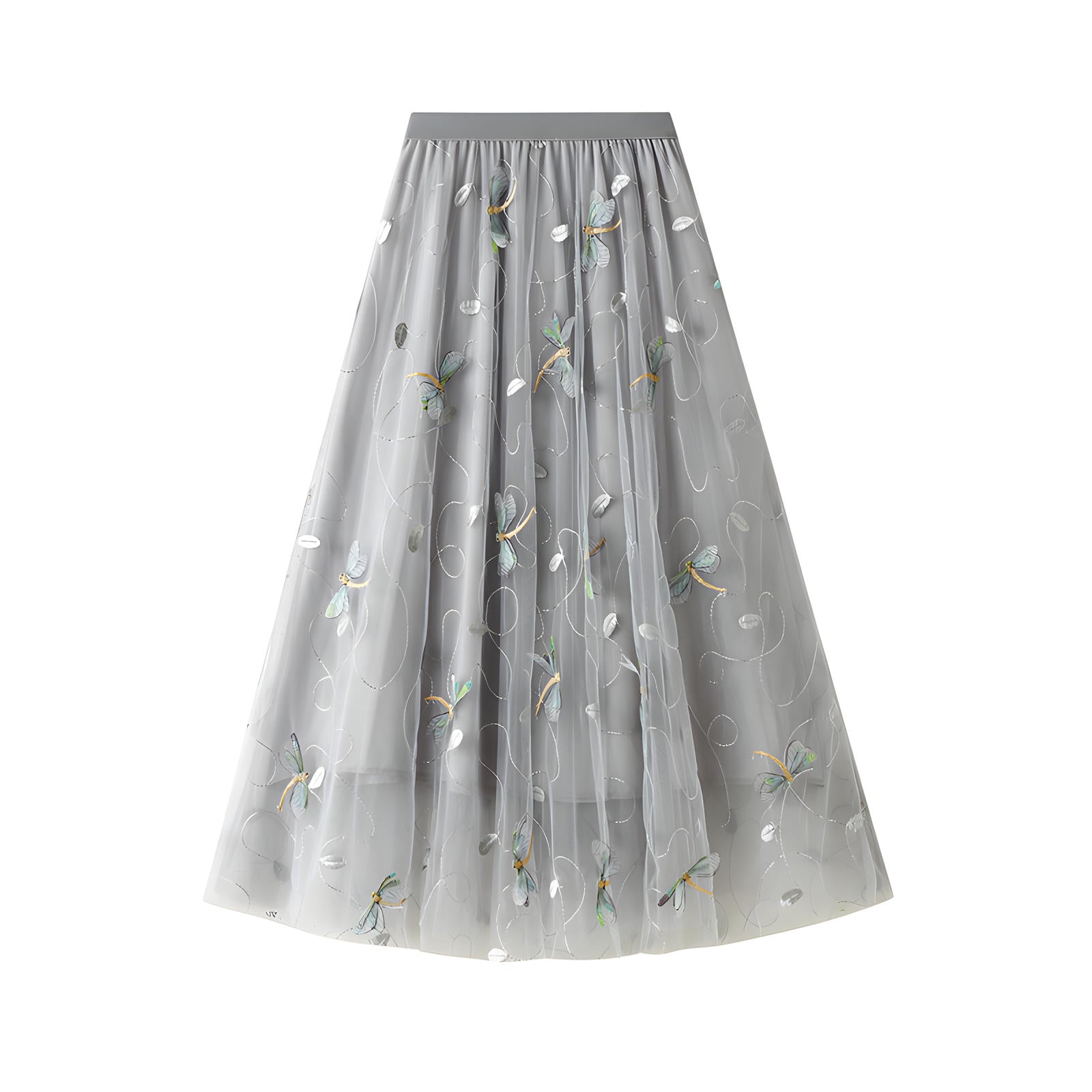 Dragonfly Embellished Floral Embroidery Grey Skirt - 1810_GRY