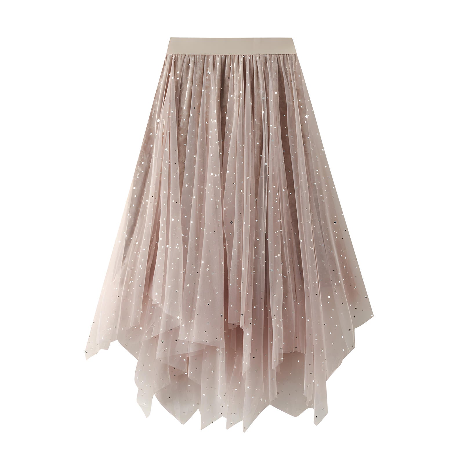 Fluffy Star Sequin Irregular Mesh And Velvet Skirt - 0310_APRICOT