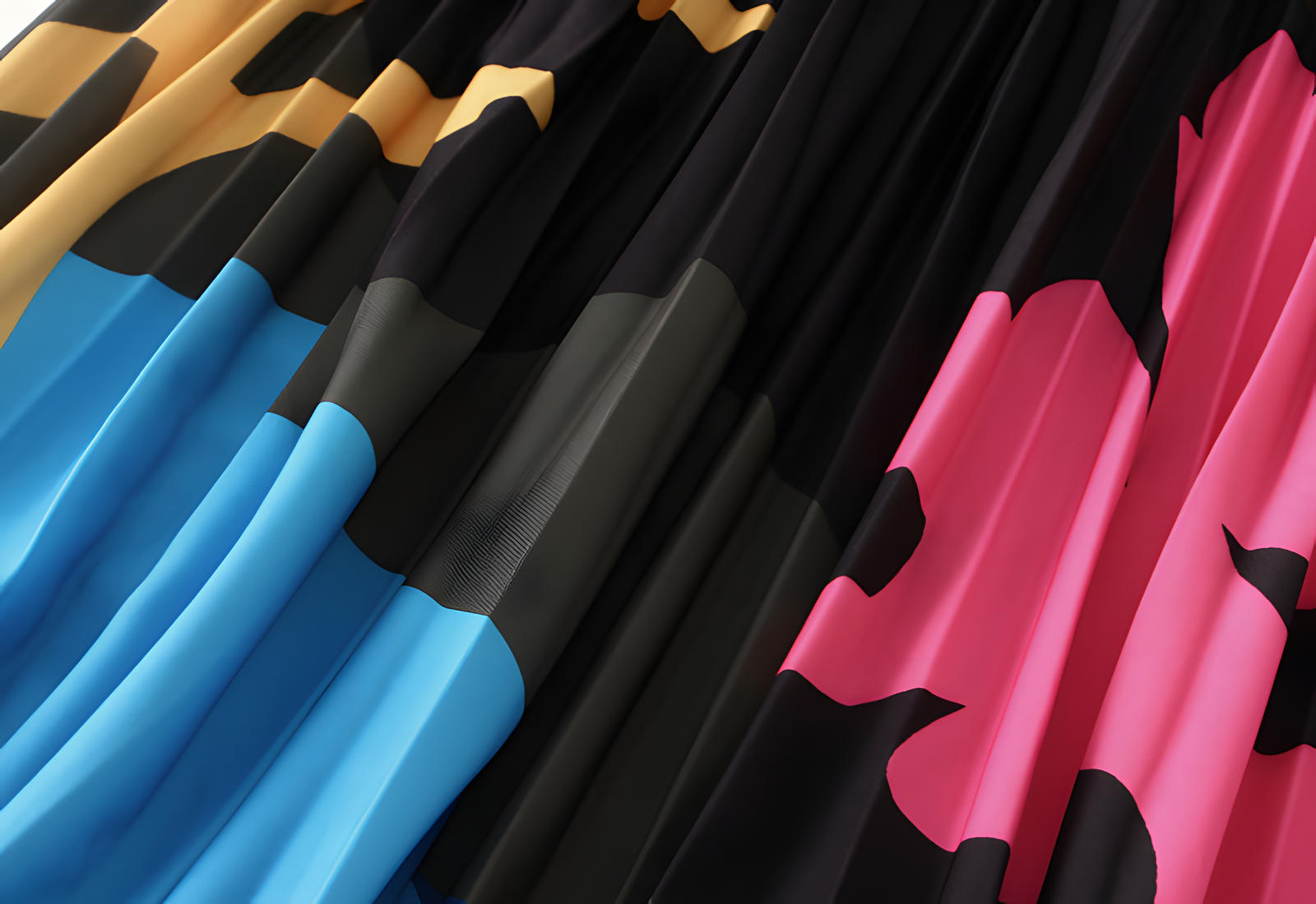 Floral Contrast Printed Pleated A Line Black Skirt - 2125_CLR