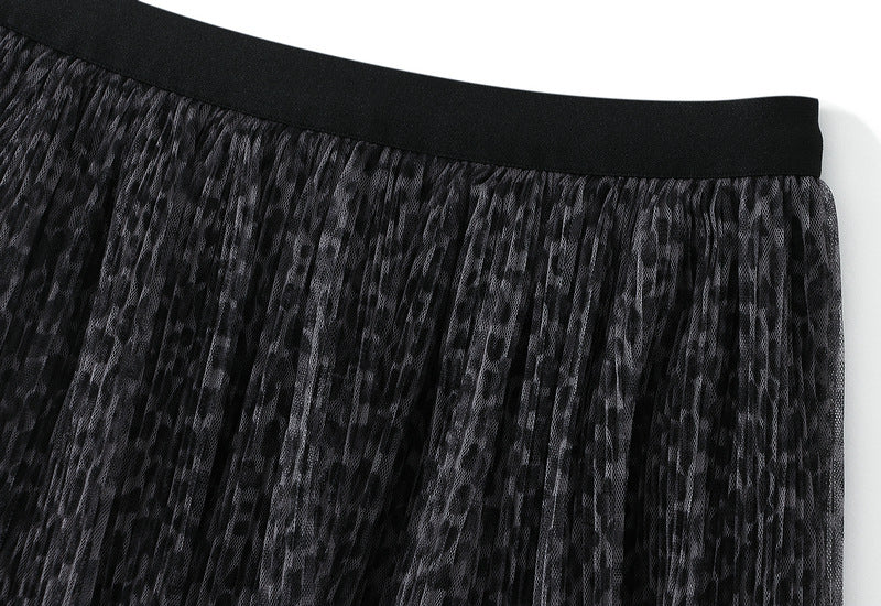 Leopard Print Multitier Mesh A-Line Black and Grey Skirt - 5029_GREY