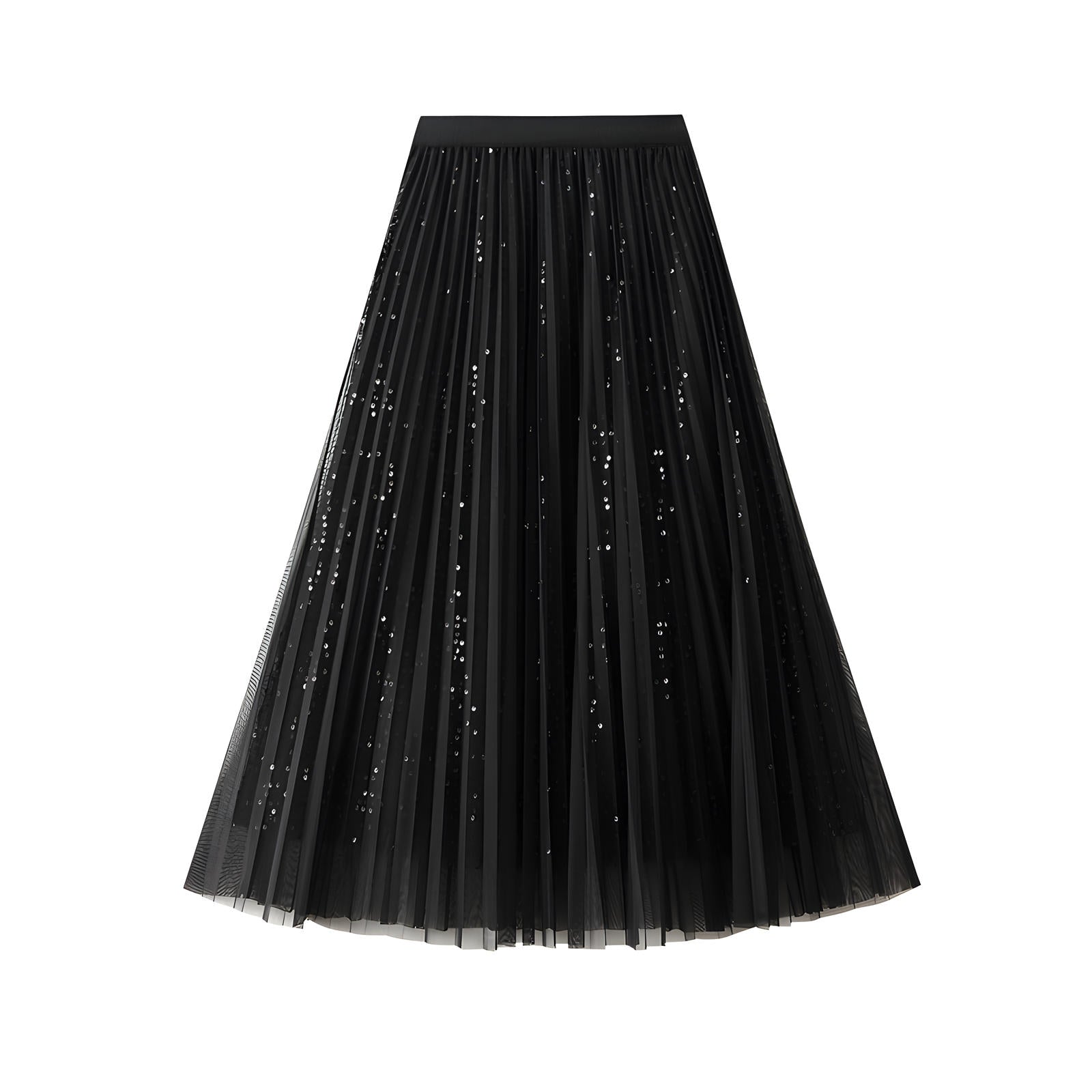 Multilayer Mesh and Sequinned A-Line Skirt with Satin Lining - K503_BLACK