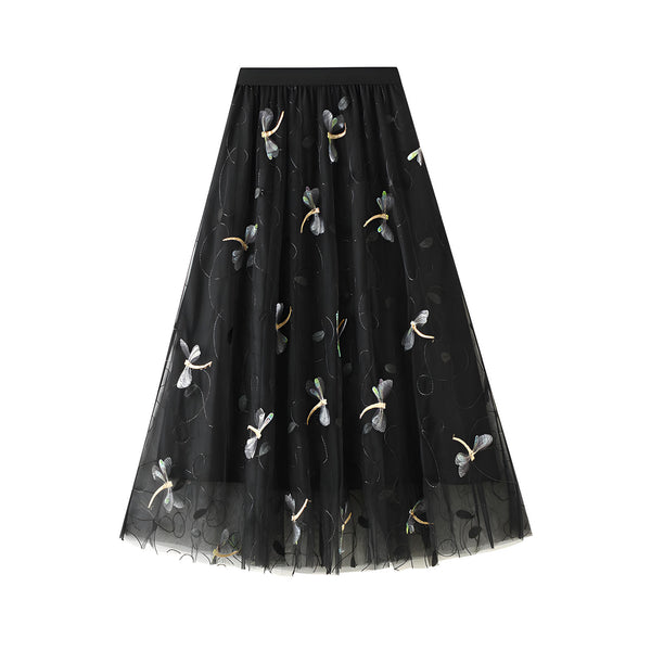 Dragonfly Embellished Floral Embroidery Mesh Black Skirt 